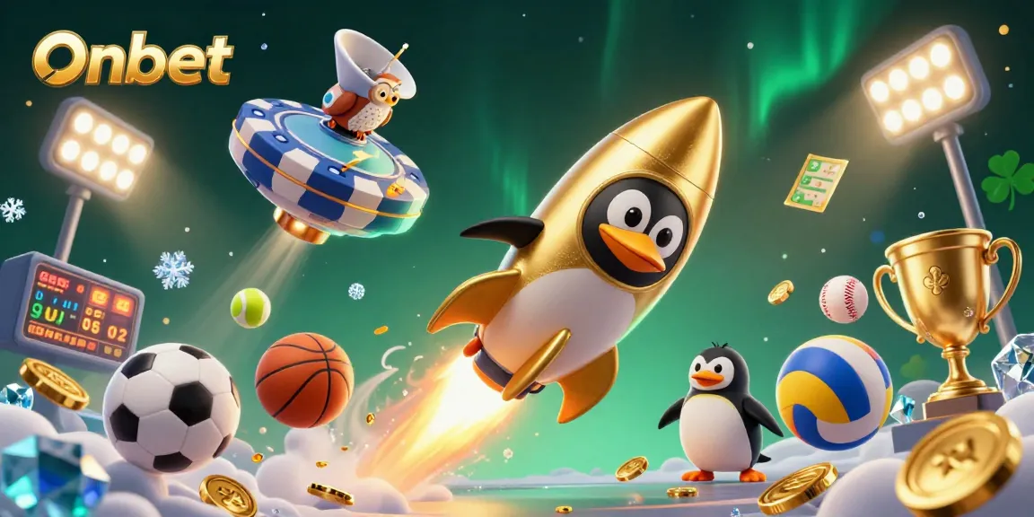 Experience Onbet's thrilling gaming atmosphere with a gold-trailing penguin reaching for casino rewards.