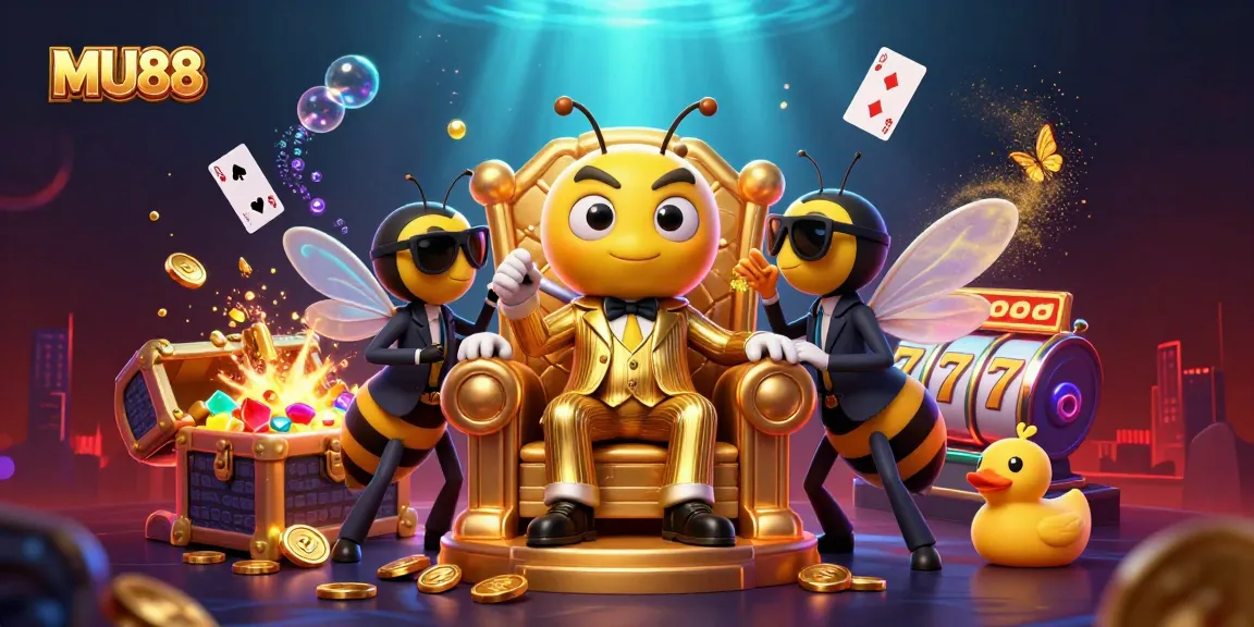 Experience the thrill of MU88 with vibrant characters and dynamic casino elements in a cartoon illustration.