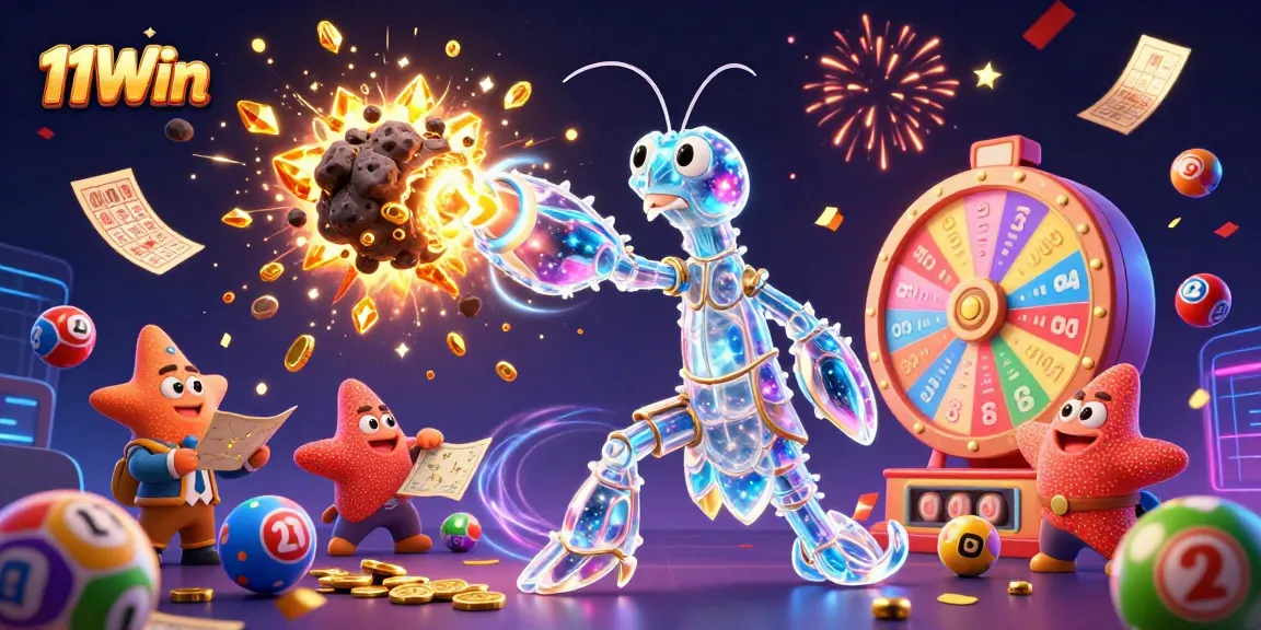 Engage with 11Win's thrilling casino adventures in a vibrant, dynamic scene featuring games and excitement.