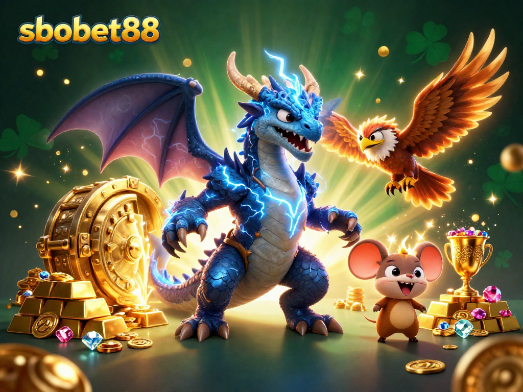 Bet on sbobet88 with thrilling gaming action and dazzling treasures in this vibrant illustration.