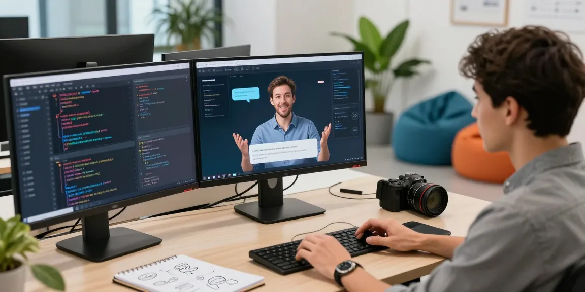 User interacting with spicy AI chat interface on a modern workspace, showcasing vibrant tech environment.