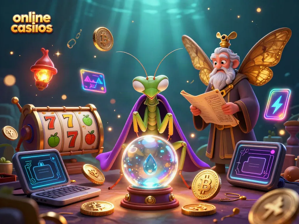 Engage with thrilling online casinos in a mystical scene featuring vibrant characters and digital elements.