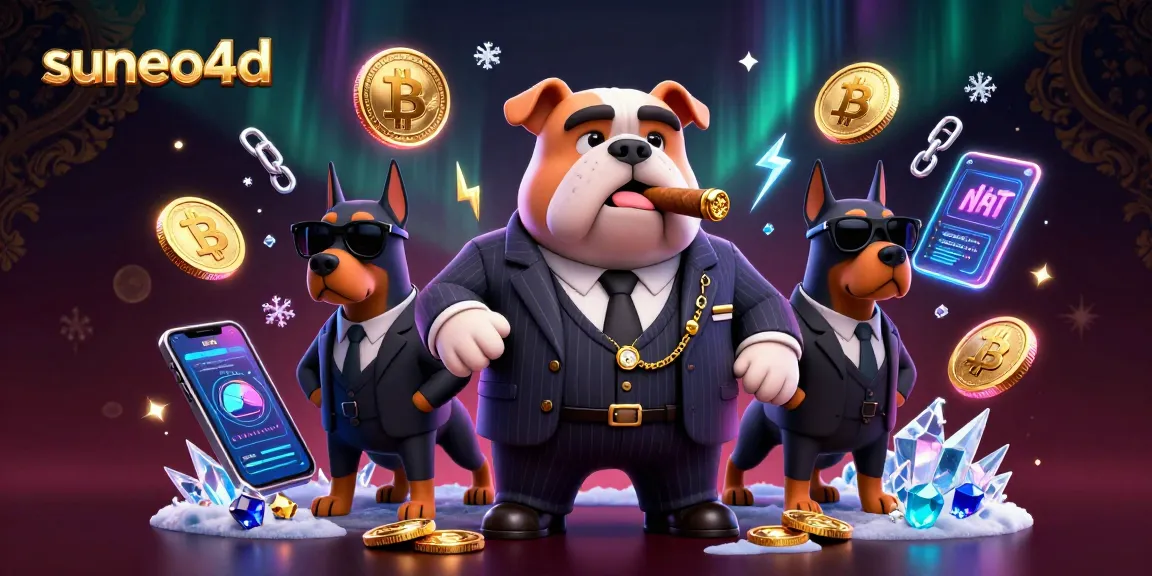 Experience the excitement of suneo4d gaming with a mafia dog illustration amidst vibrant crypto elements.