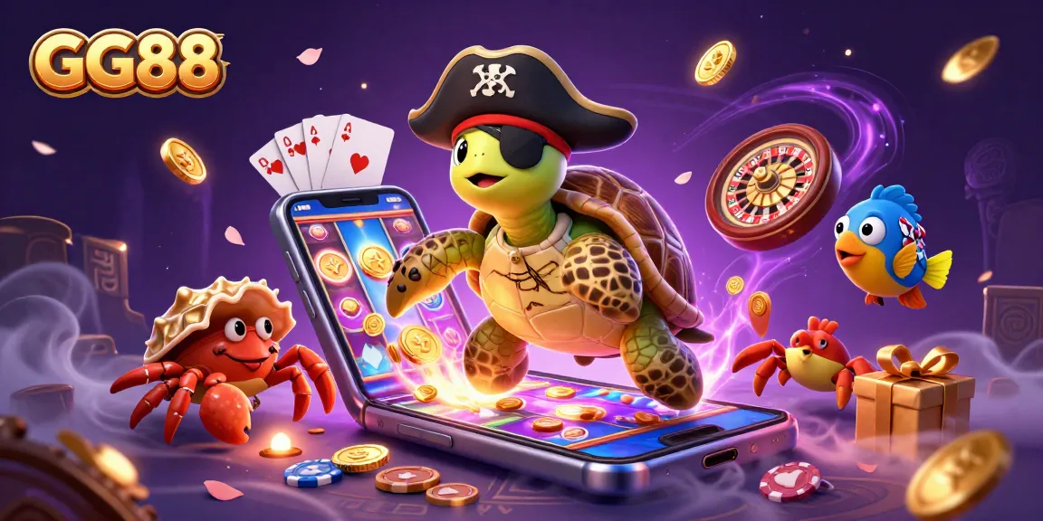 Experience GG88's vibrant casino adventure with a pirate turtle, crab, and parrotfish among treasures.