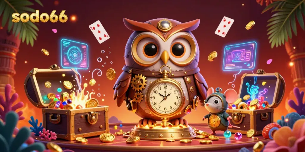 Experience the thrill of sodo66 with a time-traveling owl and engaging casino elements in vibrant 3D.