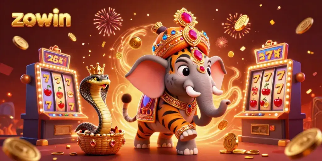 Jackpot excitement as Zowin showcases a bustling casino with a vibrant atmosphere filled with winning symbols.