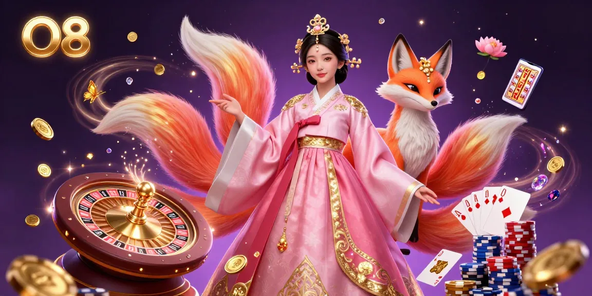 Experience the excitement of O8 with a dynamic illustration showcasing a woman in a hanbok, lucky fox, and casino themes.