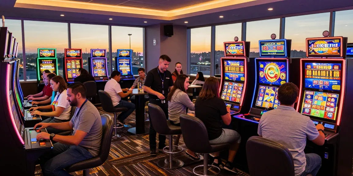Players enjoying LOKET88's vibrant slot machines in a modern casino setting.