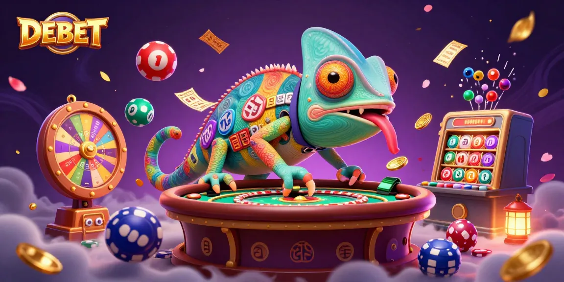 Capture the excitement of DEBET casino with a vibrant illustration of a chameleon owner surrounded by colorful gaming elements.