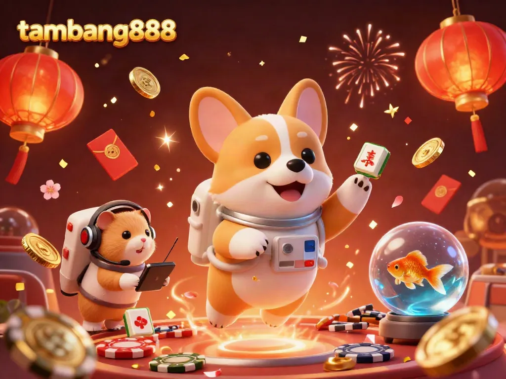 Permainan judi imaginatif di tambang888 dengan corgi astronot dan elemen kasino yang ceria.