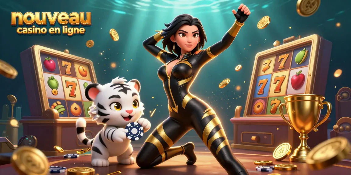 Nouveau casino en ligne showcases an acrobatic character amidst vibrant slot game elements.