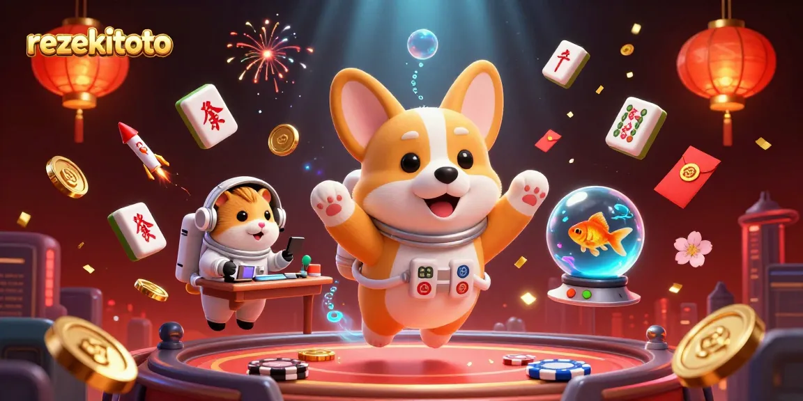 Experience thrilling games at rezekitoto with animated corgi in a vibrant casino scene.