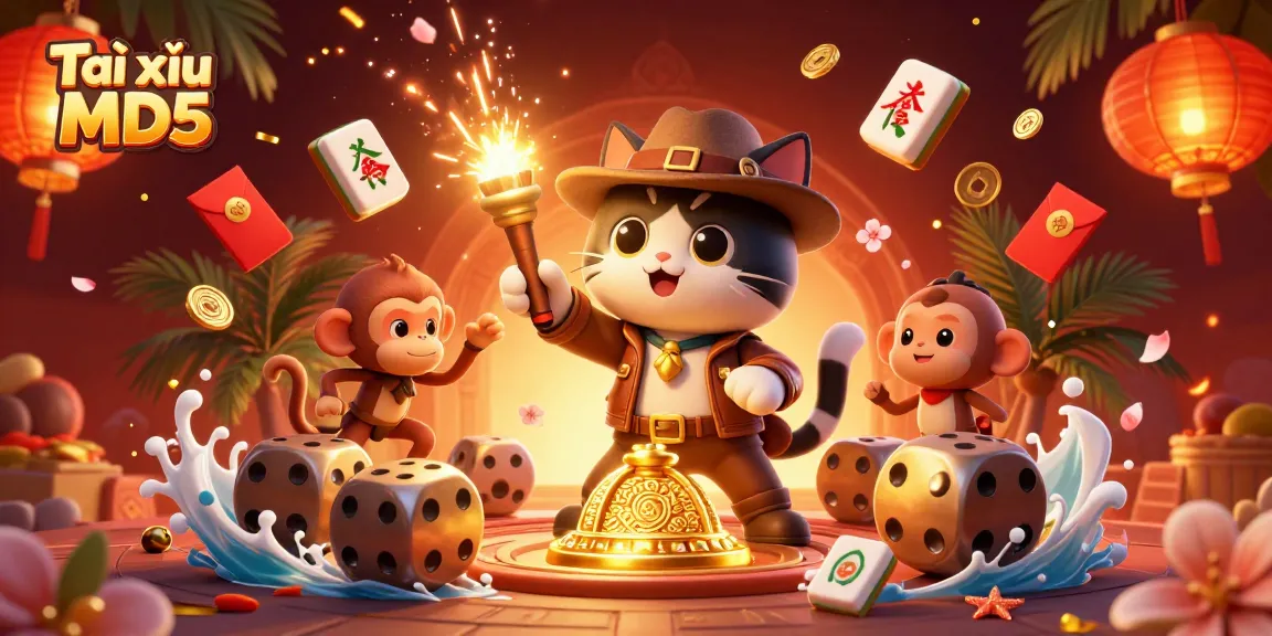 Engage in Tài xỉu MD5 with a vibrant illustration of a cat archaeologist and monkey companion exploring a temple.