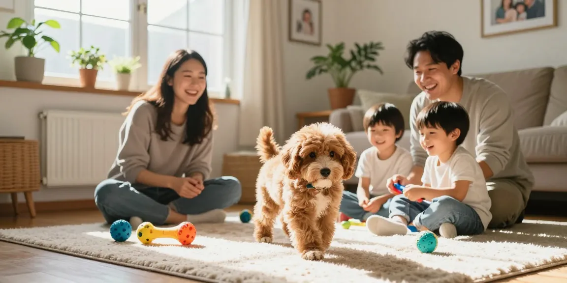 Cavapoo puppies Florida playing with a family in a cozy living room, highlighting joyful pet companionship.