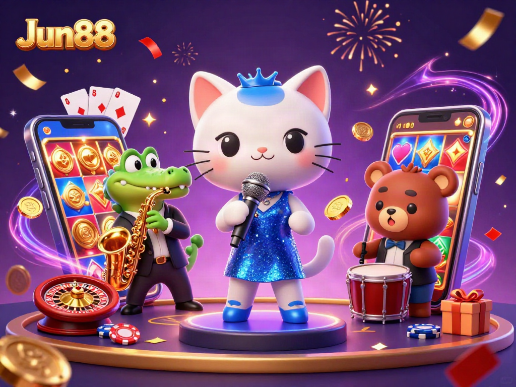 Experience Jun88's vibrant casino world with a dynamic illustration of performers and gaming excitement.