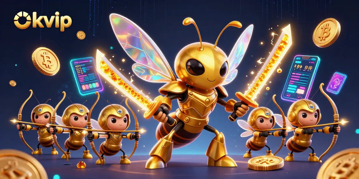 Engage with okvip gaming, experiencing thrilling moments with a giant hornet warrior and crypto elements.
