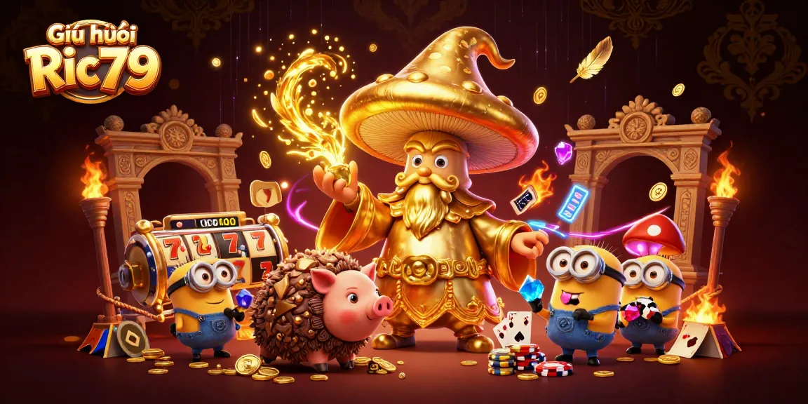 Engage in Giới thiệu Ric79's magical casino world with a golden mushroom wizard, gold treasures, and dynamic gaming elements.