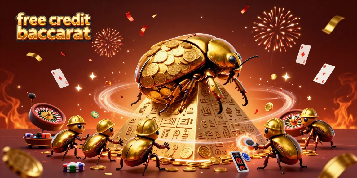 Engage in free credit baccarat with dazzling visuals of beetles rolling gold coins amidst casino excitement.
