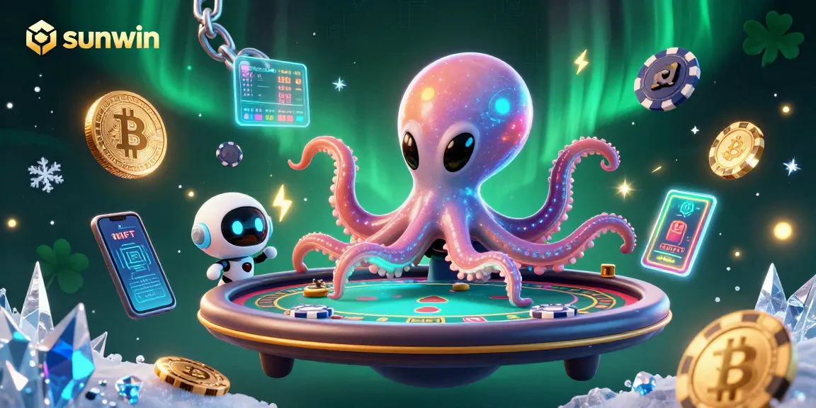 Play poker with sunwin's alien octopus at a holographic table amidst blockchain excitement.