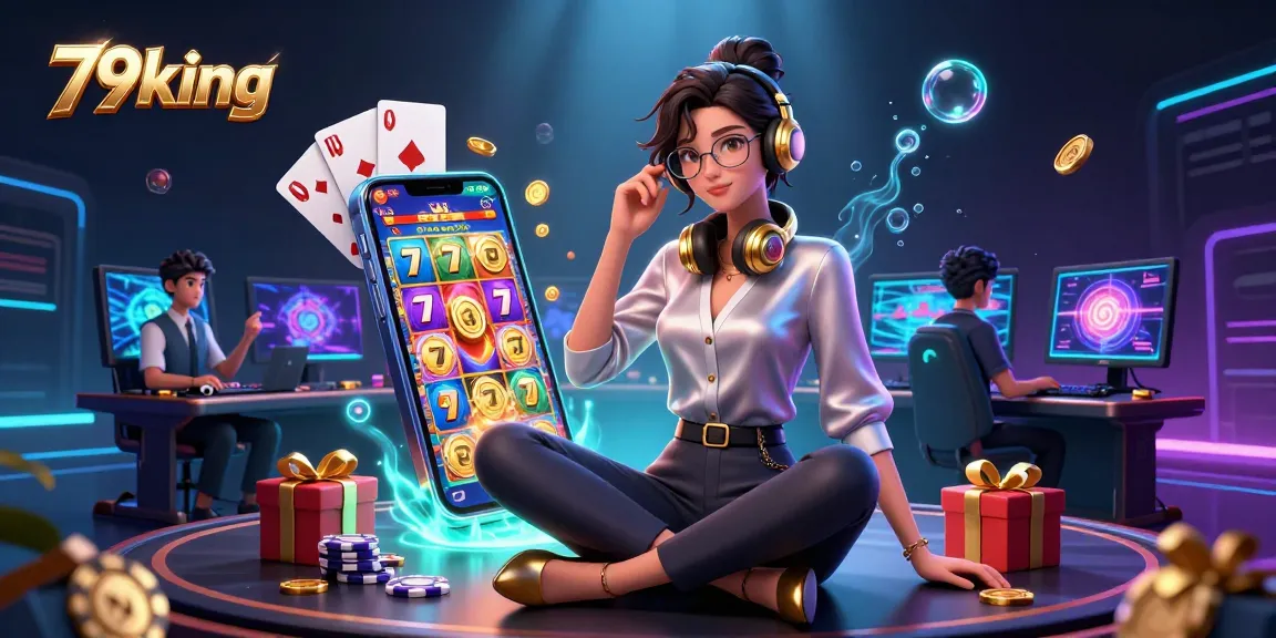 Engage with 79king at a high-tech gaming setup, surrounded by vibrant slot games and casino elements.