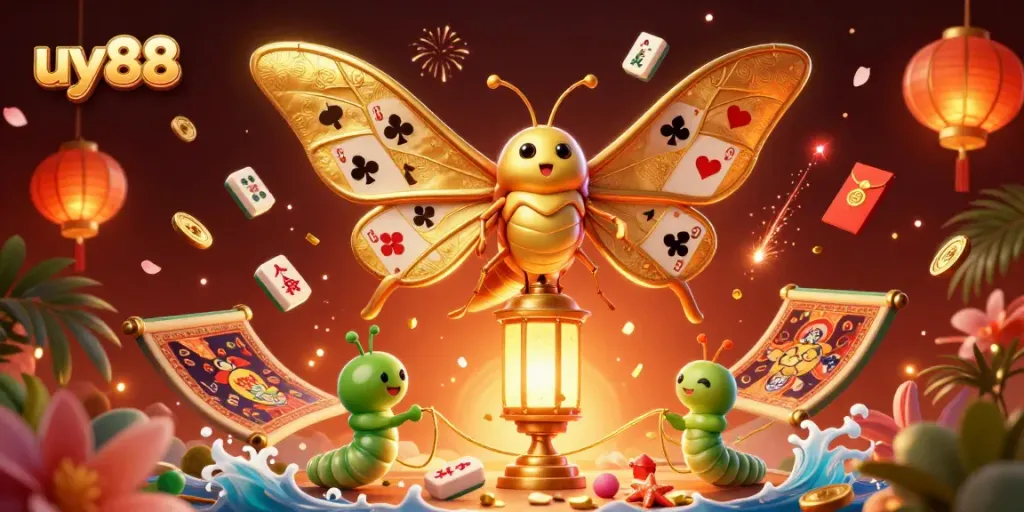 Explore casino magic with uy88, featuring a vibrant 3D illustration of a moth and golden lantern.