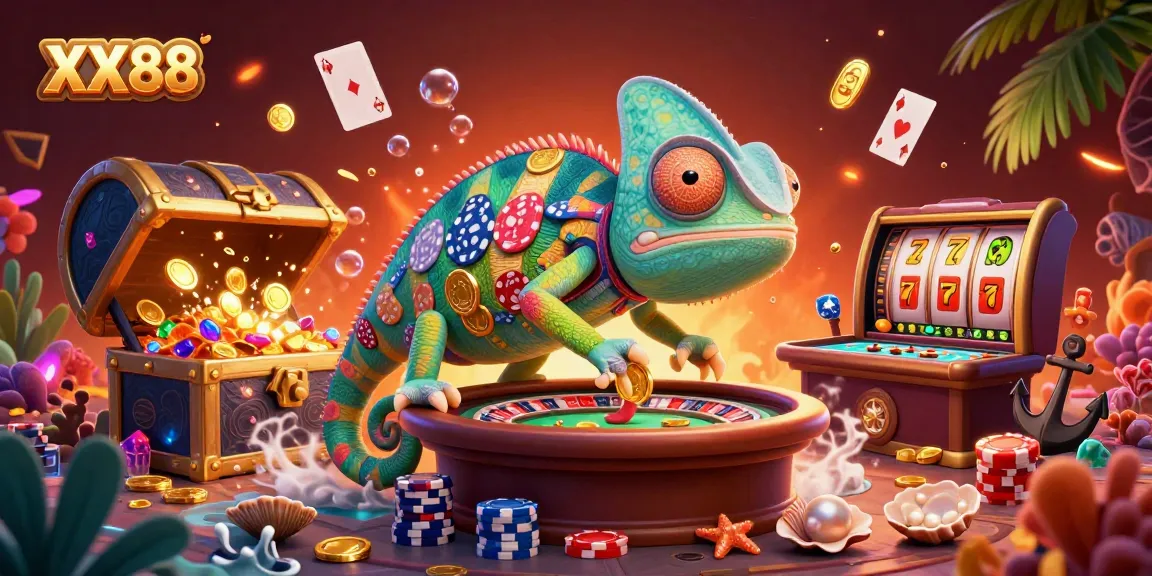 Experience the dynamic energy of XX88 with a chameleon casino owner, vibrant game elements, and a lively atmosphere.