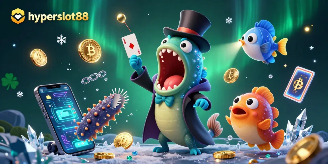 Experience intense wins with hyperslot88 in this vibrant illustration showcasing dynamic casino and crypto elements.