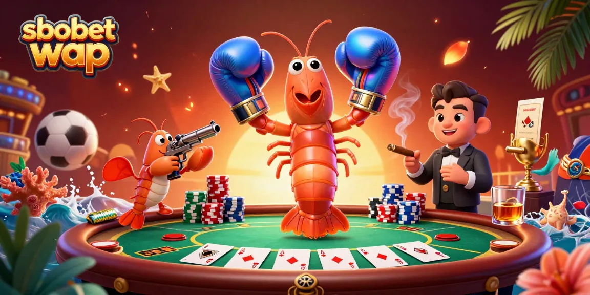 Bet on sbobet wap with vibrant sports themes featuring shrimp characters and poker elements.