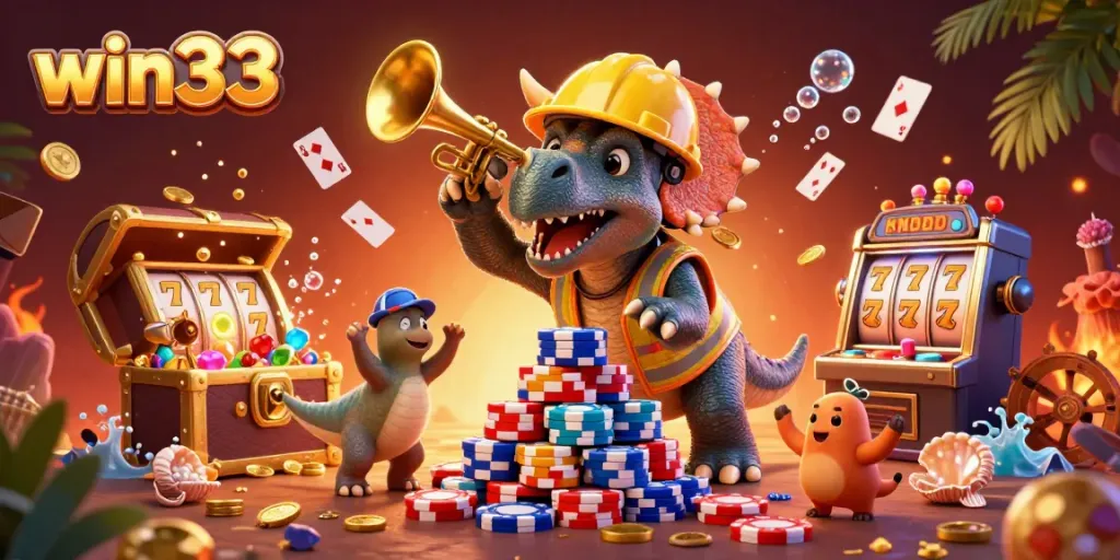 Celebrate wins at win33 with a dynamic scene of cheerful characters amidst exciting casino elements.