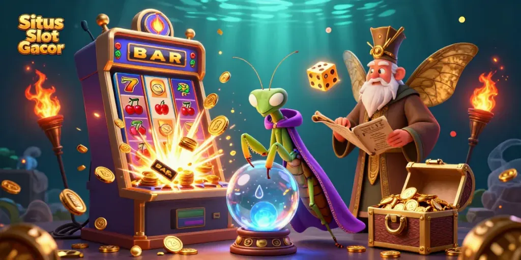 Situs Slot Gacor memikat pemain dengan mesin slot berlimpah harta dan keberuntungan, latar magis yang mendebarkan.