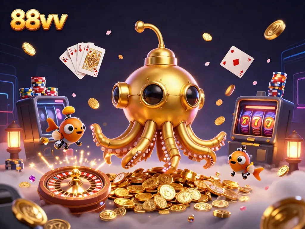 Experience gaming excitement at 88vv with a spectacle of golden coins, a kraken submarine, and casino elements.