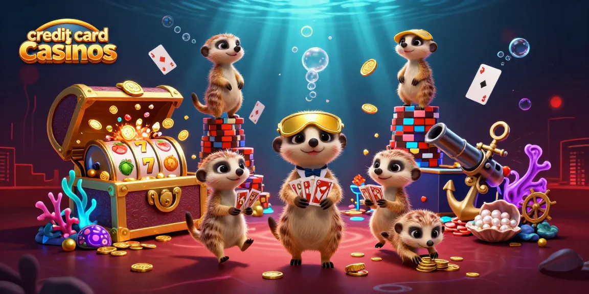 Engage with exciting credit card casinos featuring meerkat characters in a vibrant casino scene.