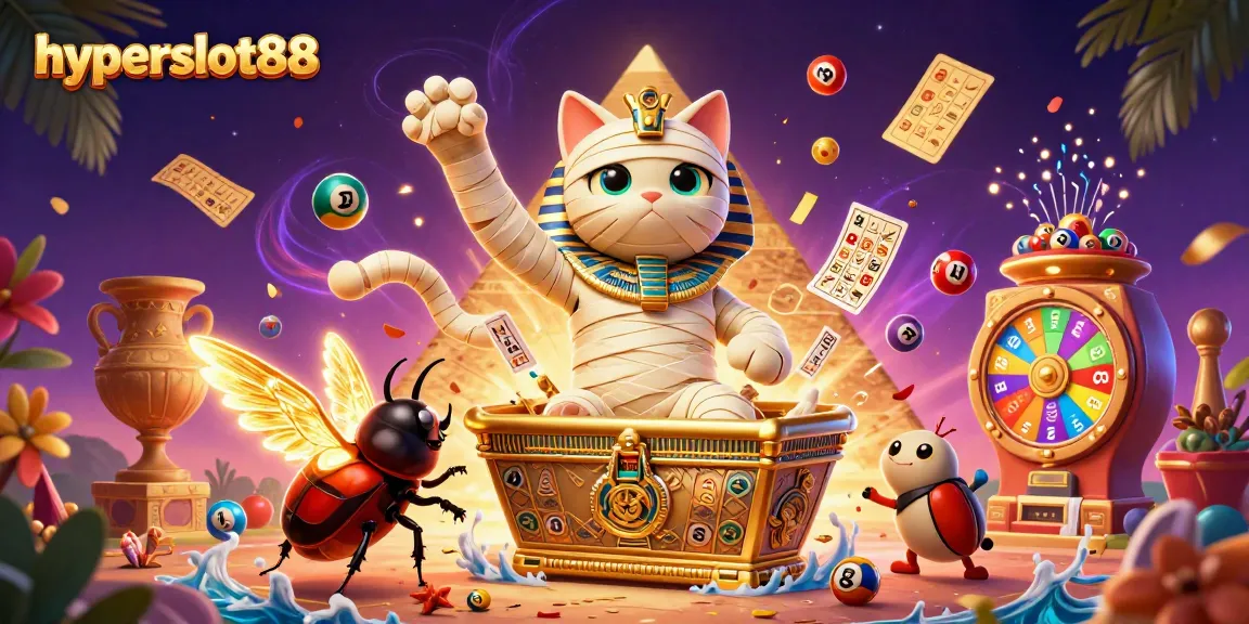 Experience thrilling wins with hyperslot88 while encountering a cartoon Egyptian mummy in a vibrant casino.
