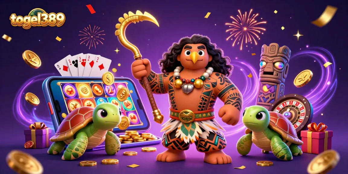 Engage in thrilling gameplay with togel389's epic casino illustration featuring a demigod and vibrant gaming elements.