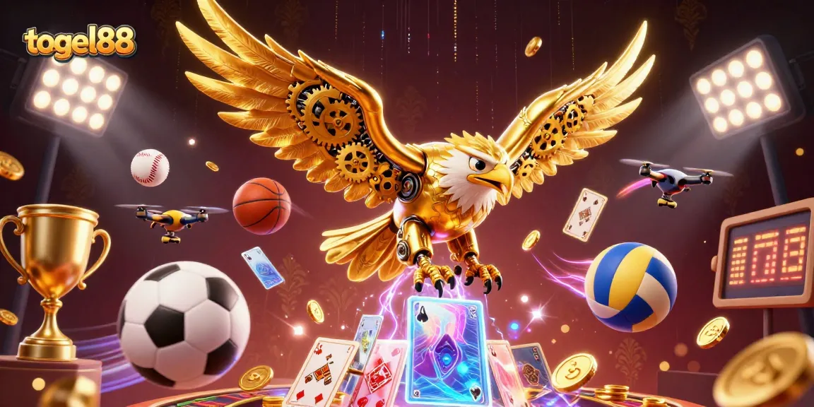 Togel88 showcases a 3D golden eagle diving through holographic playing cards in an energetic casino scene.
