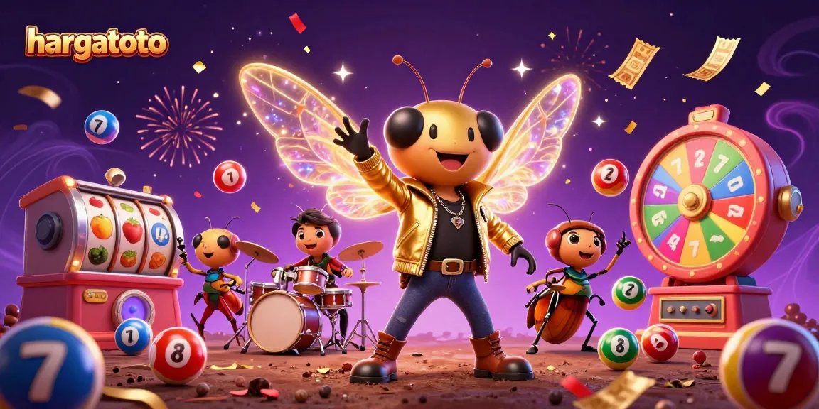 Hargatoto showcases a vibrant 3D scene with a cicada rock star enjoying lottery excitement
