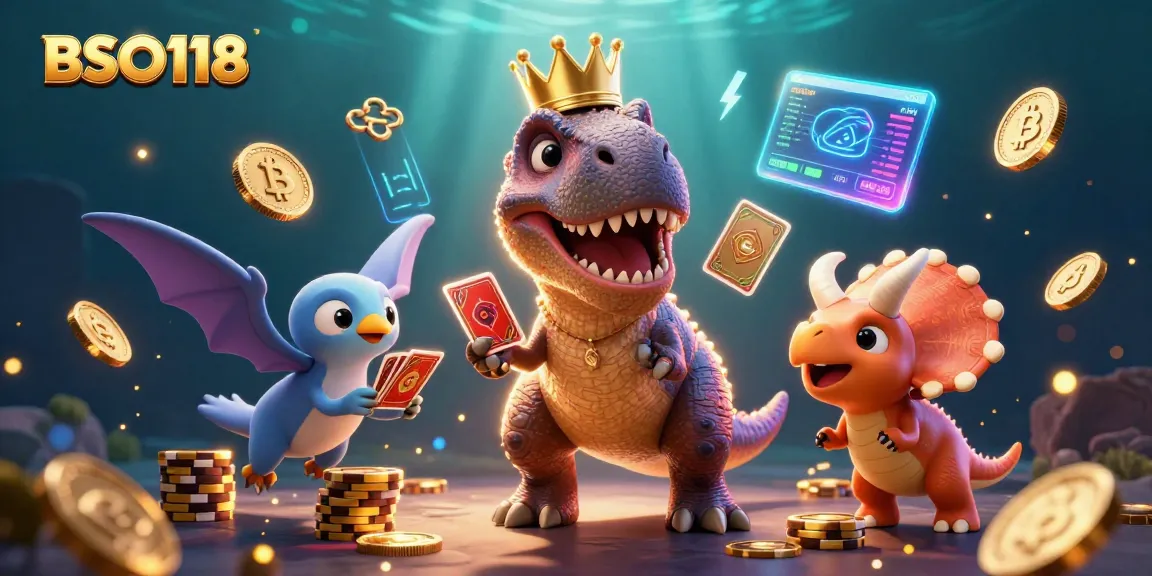 BSO118 gaming scene with T-Rex shuffling cards, showcasing fun gambling action and vibrant crypto elements.
