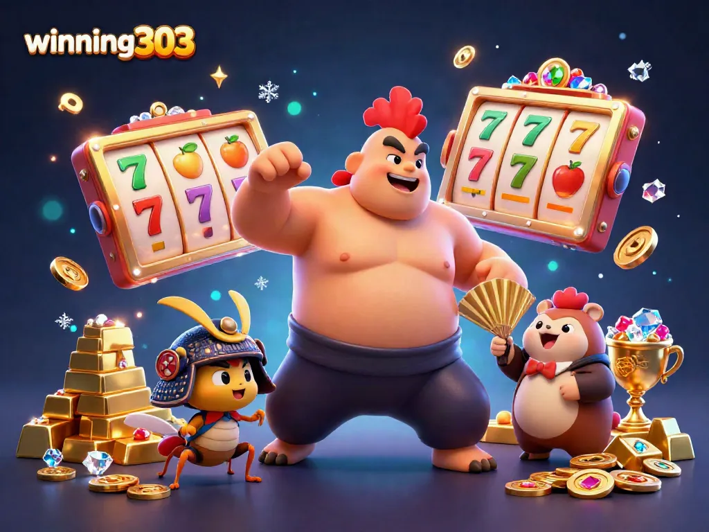 winning303 showcases vibrant slot gameplay with lively characters and gold treasure in a dynamic casino scene.