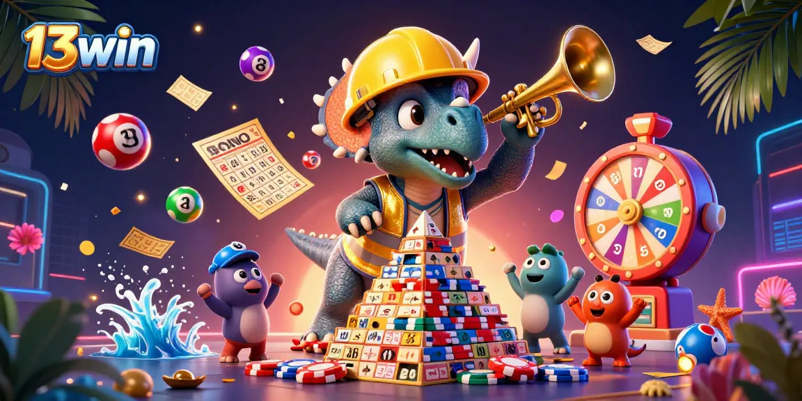 Celebrate winning moments with 13win in a colorful 3D casino illustration filled with excitement.
