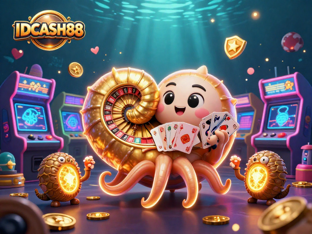 Play thrilling games at IDCASH88 with immersive casino elements, featuring a glowing nautilus and vibrant arcade machines.