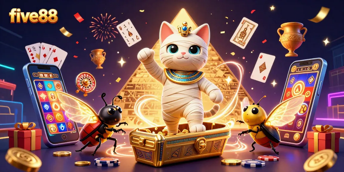 Experience the excitement with five88’s mummy cat and glowing scarab in a vibrant casino.
