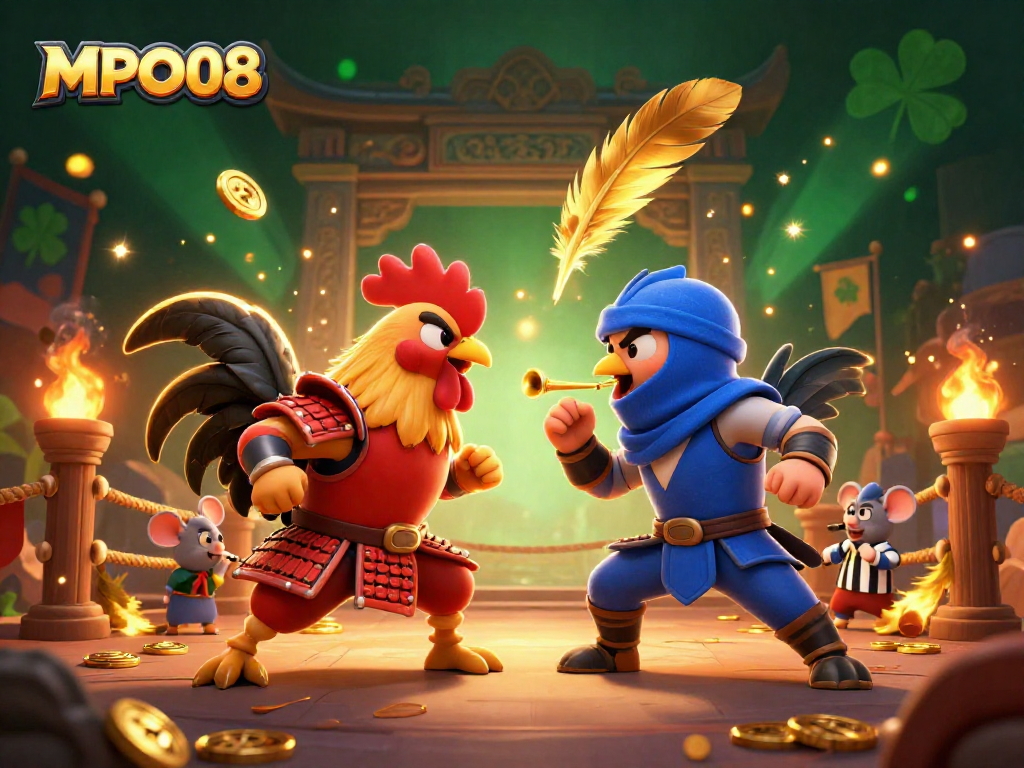 MPO08 features twin roosters in combat at a vibrant casino arena, displaying epic gaming action.