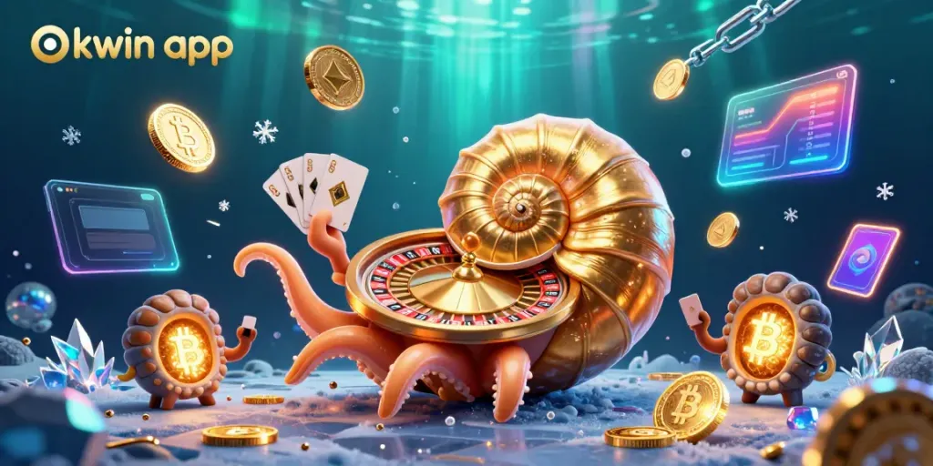 Experience the thrill of the okwin app with vibrant 3D visuals featuring casino elements and crypto currencies.