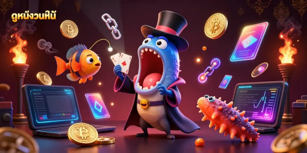 Engaging 3D scene illustrating ดูหนังออนไลน์ with a bioluminescent eel performing card tricks amidst neon cryptocurrencies.