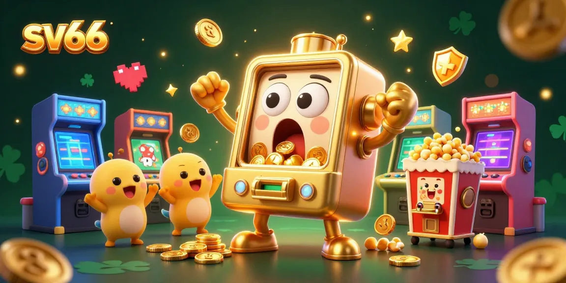 Win big at sv66 with a dynamic illustration of a winning slot machine surrounded by cheerful arcade elements.