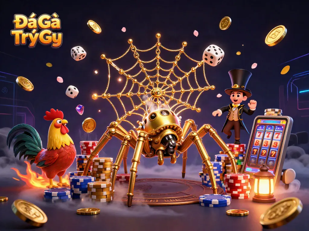 Catch the excitement of Đá Gà Trực Tiếp as a steampunk spider ensnares dice in a gambling web.