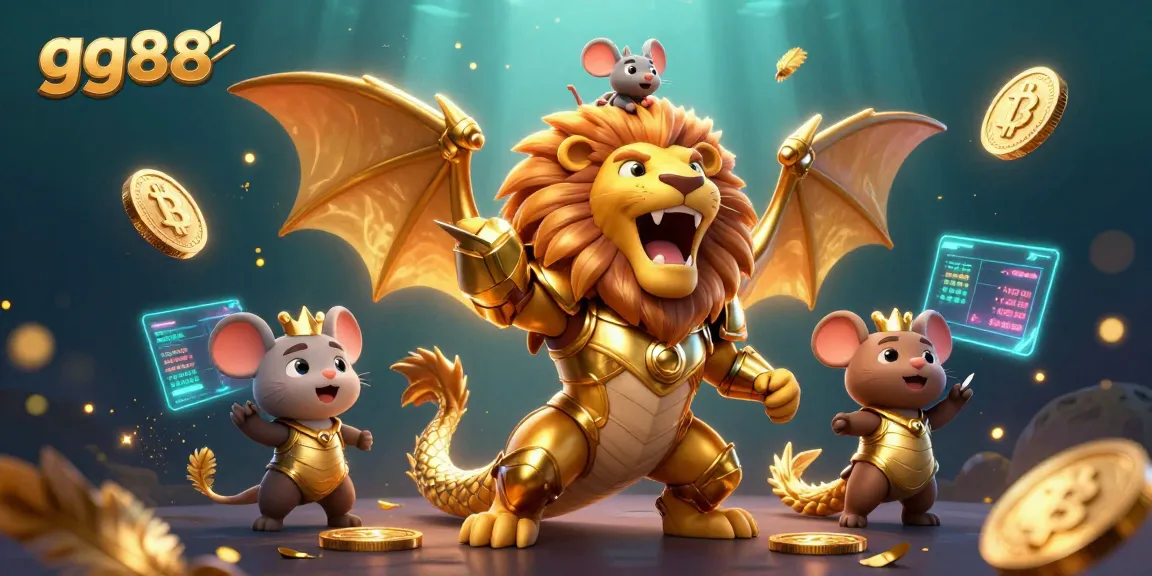 Win big at gg88 with a vibrant 3D casino scene featuring a chimera and crypto elements.