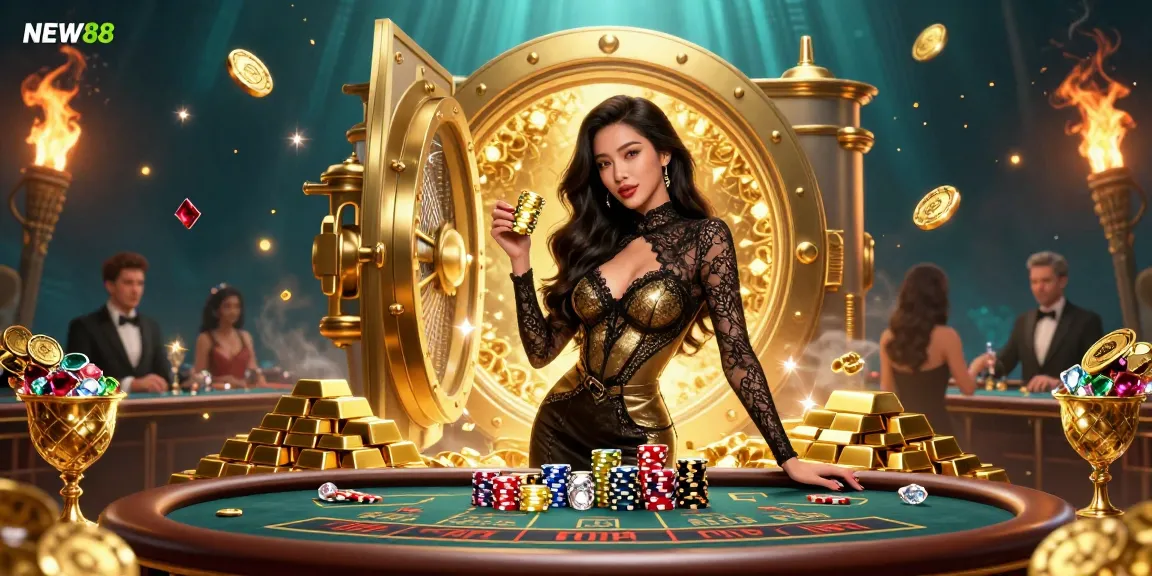 Experience high-stakes excitement at NEW88 with this dazzling casino illustration featuring baccarat and gold treasures.