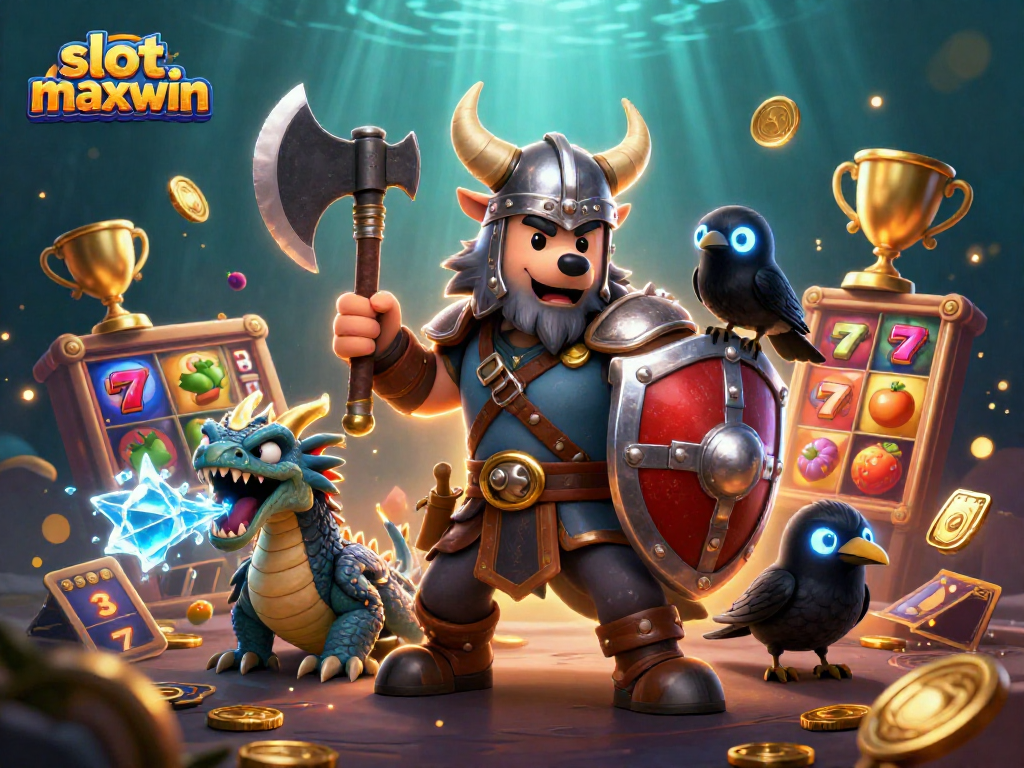 Experience jackpot excitement with slot maxwin as a Viking warrior and dragon play among slot reels.