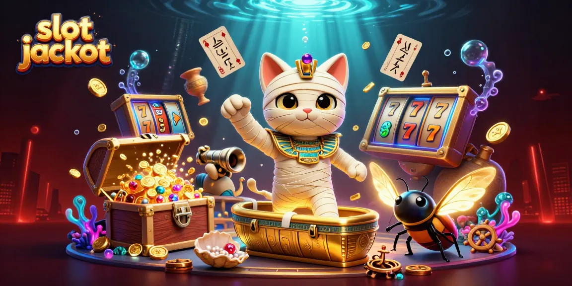 Menghadapi slot jackpot yang spektakuler, kucing mumia 3D dan scarab bersinar beraksi di kasino dengan alat permainan slot.